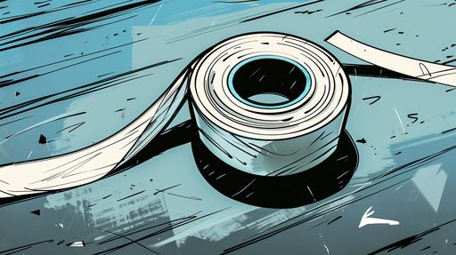 Close-up of a roll of white tape laying flat on a table, with a strip of tape coming off the end if the roll. Comic book style. --ar 16:9 --v 6.0 --style raw