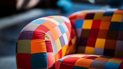 Close up of fabric of Armchair with multicolored checkered fabric --ar 16:9