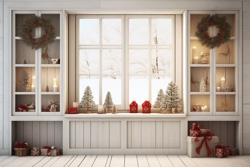 Close up of the interior front wall of a light rustic pantry decorated for Christmas with white wooden wall, wood floor and window. Decorated for Christmas, some red pieces in the decoration, hyperrealistic, photorealistic, detailed, 8k --ar 3:2