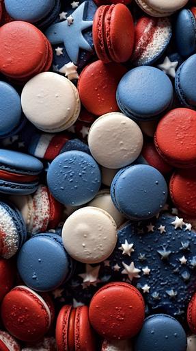 Close up photo of a patriotic arrangement of red, dark blue and white macarons with white stars sprinkled on top, Hyper-realistic textures, Precise details, ultrarealistic, 8k --ar 9:16 --v 5.1