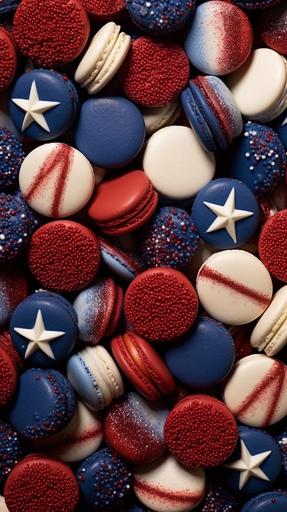 Close up photo of a patriotic arrangement of red, dark blue and white macarons with white star shaped toppings sprinkled on top, Hyper-realistic textures, Precise details, ultrarealistic, 8k --ar 9:16 --v 5.1
