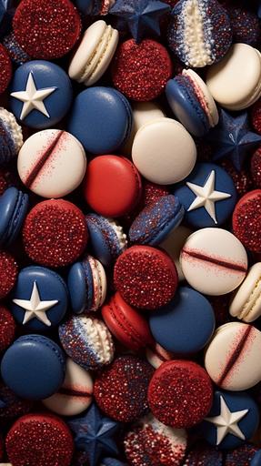 Close up photo of a patriotic arrangement of red, dark blue and white macarons with white star shaped toppings sprinkled on top, Hyper-realistic textures, Precise details, ultrarealistic, 8k --ar 9:16 --v 5.1