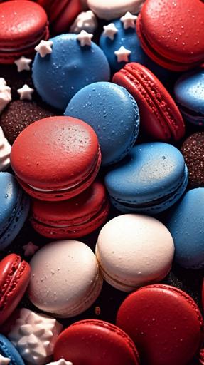 Close up photo of a patriotic arrangement of red, dark blue and white macarons with white stars sprinkled on top, Hyper-realistic textures, Precise details, ultrarealistic, 8k --ar 9:16 --v 5.1