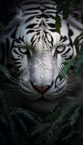 Close-up photo of the face of a white tiger, deep eyes, dramatic light, fog, dark, ultra detailed, plants and leafs in the background --ar 4:7