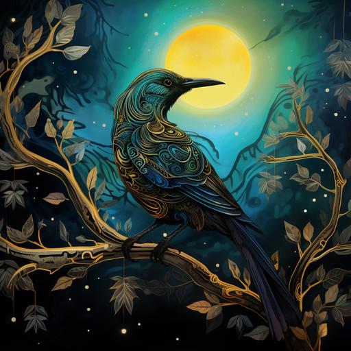 Close-up view of a Tui bird with detailed Māori patterns in a metallic liquid ink style, perched on a kowhai tree branch at night. Moonlight highlighting the bird's iridescent feathers in shades of green, blue, and silver, amidst the dark backdrop with glowing yellow kowhai flowers. Starry night sky in the background. Created Using: close-up detail, moonlit ambiance, metallic textures, Māori cultural elements, starry sky, glibatree prompt, night setting, glowing effect, contrast between darkness and iridescence, artistic finesse --ar 1:1