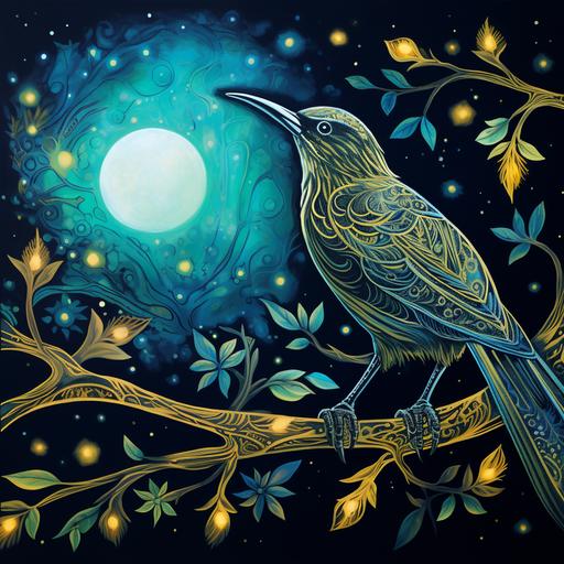 Close-up view of a Tui bird with detailed Māori patterns in a metallic liquid ink style, perched on a kowhai tree branch at night. Moonlight highlighting the bird's iridescent feathers in shades of green, blue, and silver, amidst the dark backdrop with glowing yellow kowhai flowers. Starry night sky in the background. Created Using: close-up detail, moonlit ambiance, metallic textures, Māori cultural elements, starry sky, glibatree prompt, night setting, glowing effect, contrast between darkness and iridescence, artistic finesse --ar 1:1