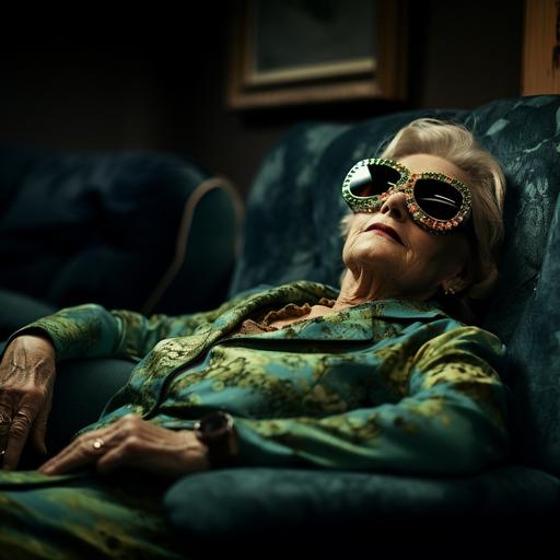 Close up. An old lady wearing an old fashioned Sleeping mask and fine colorful Pajamas is sleeping on the modern dark green couch. Large frame to capture the bright modern room. Autumn warm light mood. Nikon AF-S NIKKOR 70-200mm f/2.8E FL ED VR, Reflector Lightening