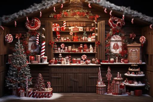 Closeup of the interior front wall of a rustic christmas candy store covered in decoration. Sweet shelves. decorated for Christmas, dark wood, red, white colors, hyperrealistic, photorealistic, detailed, 8k --ar 3:2
