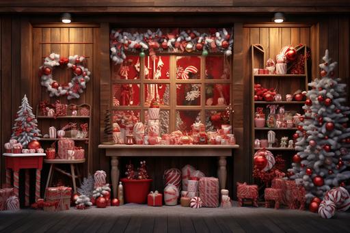 Closeup of the interior front wall of a rustic christmas candy store covered in decoration. Sweet shelves. decorated for Christmas, dark wood, red, white colors, hyperrealistic, photorealistic, detailed, 8k --ar 3:2