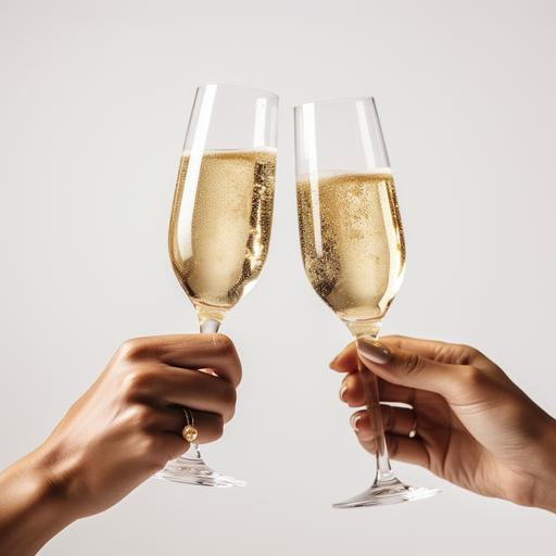 Closeup of two female hands with painted finger nails clinking, cheersing tall champagne glasses against Solid White Background