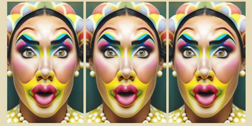 Clown Kim Kardashian Triptych, funny, pretty, selfie duck-face pose, Symmetrical, no gradients, Weird Surreal, Creepy-Faces, Fancy Borders, Uncanny, Intense Colors, Nostalgic, bichromatic, pastel colors, yellow and pink, dramatic, very beautiful photo, hyperreal, intricate detailed, crisp-details --no ads,text,logo,words,letters,signature,trademark,copyright::-1 --ar 2:1 --chaos 100
