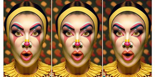 Clown Kim Kardashian Triptych, funny, pretty, selfie duck-face pose, Symmetrical, no gradients, Weird Surreal, Creepy-Faces, Fancy Borders, Uncanny, Intense Colors, Nostalgic, bichromatic, pastel colors, yellow and pink, dramatic, very beautiful photo, hyperreal, intricate detailed, crisp-details --no ads,text,logo,words,letters,signature,trademark,copyright::-1 --ar 2:1 --chaos 100