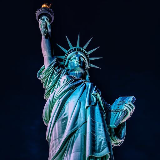 Clsoe up of the top half of The Statue of Liberty shines at night with a serene blue light, enhancing the nocturnal atmosphere.--ar 16:9 --v 5.1