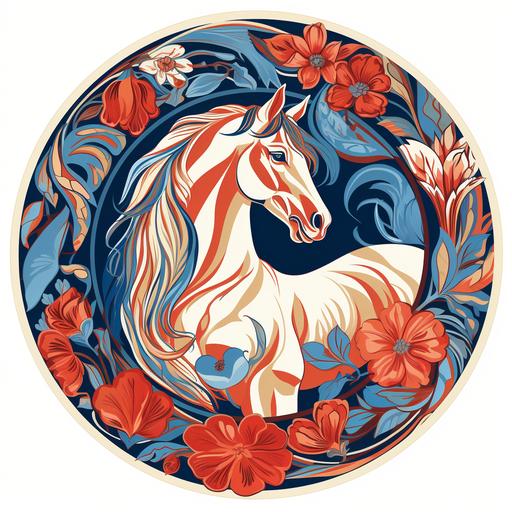 Clydesdale horse illustration, Red and blue aesthetic, Vintage, 1940s sticker, round shaped, in a floral circle frame, Art Nouveau style with long, sinuous lines, asymmetry, and natural objects such as vines, insect wings, and flower stalks, exotic, extravagant, geometric forms, maori patterns and motifs, intricate, contrasting, bold color, natural color, detail and patterns.