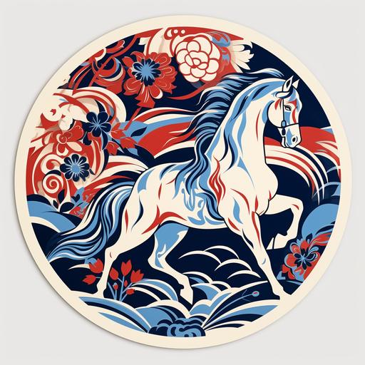 Clydesdale horse illustration, Red and blue aesthetic, Vintage, 1940s sticker, round shaped, in a floral circle frame, Art Nouveau style with long, sinuous lines, asymmetry, and natural objects such as vines, insect wings, and flower stalks, exotic, extravagant, geometric forms, maori patterns and motifs, intricate, contrasting, bold color, natural color, detail and patterns.