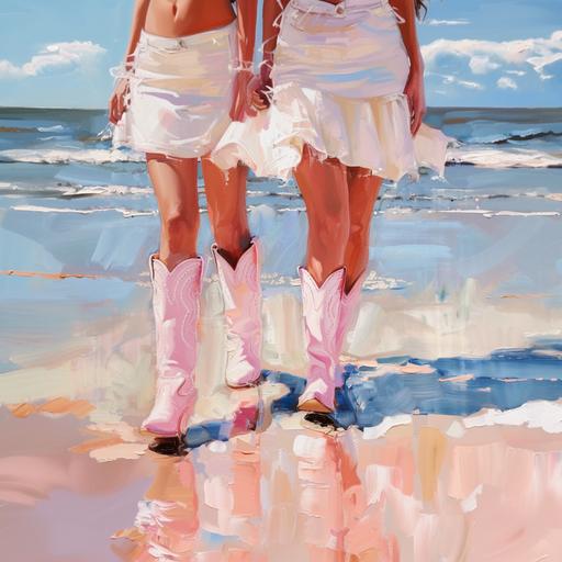 Coastal Cowgirl Printable Poster Print, Baby Pink Boots, legs and white skirts, walking on the beach, oil painting effects