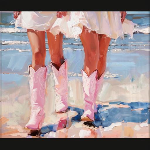 Coastal Cowgirl Printable Poster Print, Baby Pink Boots, legs and white skirts, walking on the beach, oil painting effects