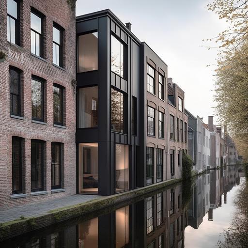 elegant masterpiece design of modern canal house designed by vincent van duysen, it stands between historical buildings of 1900at the brugwal haarlem in the netherlands, the design won several prices for being iconic, modern with a sense of place minimalistic with craft details