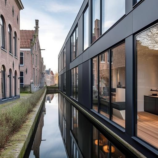 elegant masterpiece design of modern canal house designed by vincent van duysen, it stands between historical buildings of 1900at the brugwal haarlem in the netherlands, the design won several prices for being iconic, modern with a sense of place minimalistic with craft details