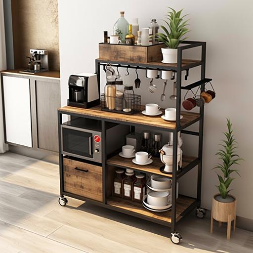 Coffee Bar Cabinet，3 Tiers Kitchen Coffee Cart with Drawer for The Home, Movable Farmhouse Coffee Station Table on Wheels for Living Room, Entryway, Dining Room, Kitchen