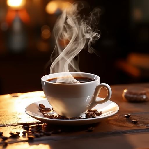 Coffee cup half filled with coffee Steamy smoke in the shape of a woman comes out of the coffee. Coffee cup on the table, home background, good light 4k