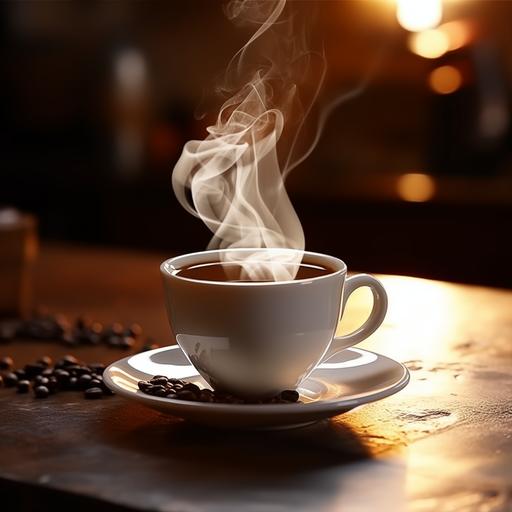 Coffee cup half filled with coffee Steamy smoke in the shape of a woman comes out of the coffee. Coffee cup on the table, home background, good light 4k