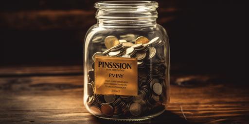 Coins in glass money jar with pension label, financial concept. Vintage wooden background with dramatic light. blazewave --ar 4:2 --v 5