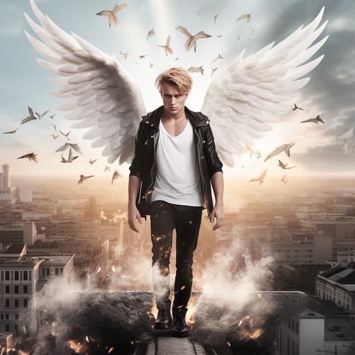 Collage of young white angel man, blond hair, with bluish glow, wearing white t-shirt and black leather jacket, full body shot, city, strong,broad shoulders, huge angel wings fighting with a monster on white backgroundand, landscape on the horizon
