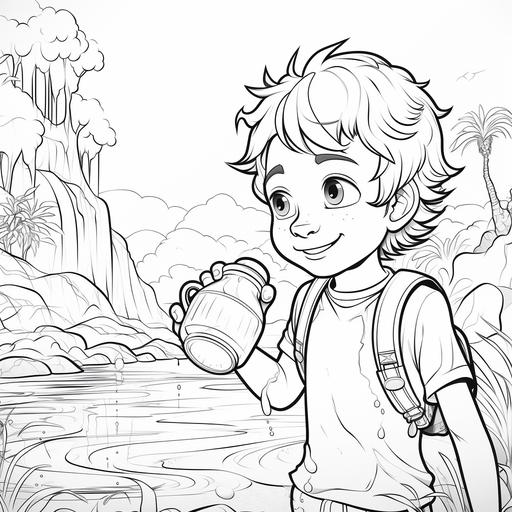 Collaring page, black and white, for drawing, for coloring. Savannah, Jeff, drinking water, in the lake, cartoon.