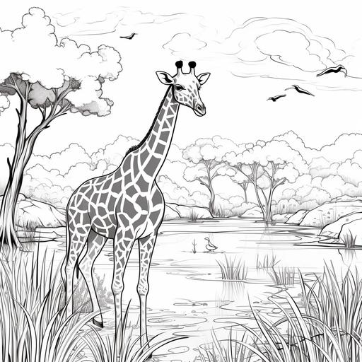 Collaring page, black and white, for drawing, for coloring. Savannah, giraffe, in the lake, Africa, cartoon.