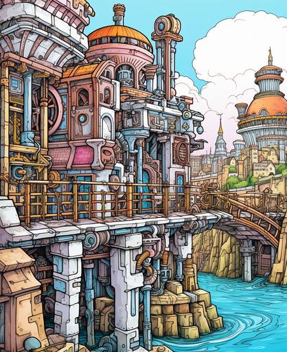 Color book page, steampunk look, elevated bridges connecting a steampunk building high above the city, cartoon style, thick lines, low detail and no shading --ar 9:11