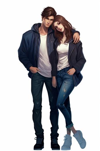 Color ink, cover for romantic book for adults. Woman - long chestnut hair, brown eyes. Outfit - sneakers, denim shorts, black t - shirt. Man brunette, blue eyes. Outfit - dark jeans, dark gray t - shirt, navy hoodie, dark sneakers. --ar 2:3 --v 5.2