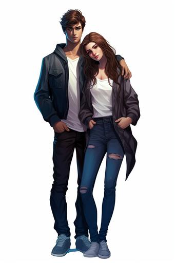 Color ink, cover for romantic book for adults. Woman - long chestnut hair, brown eyes. Outfit - sneakers, denim shorts, black t - shirt. Man brunette, blue eyes. Outfit - dark jeans, dark gray t - shirt, navy hoodie, dark sneakers. --ar 2:3 --v 5.2