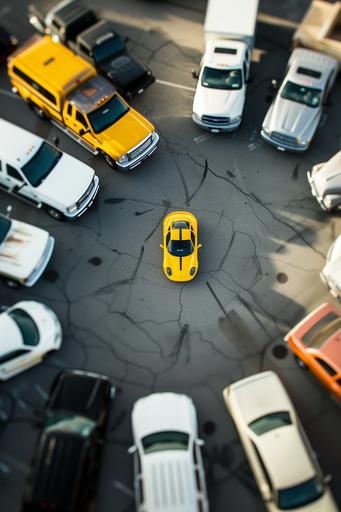 Color photo captured from a drone; parking lot with only one yellow sports car surrounded by numerous old white, black, and silver trucks arranged in a circle; shallow depth of field photo with telephoto lens; miniature style --ar 2:3 --s 50 --v 6.0 --style raw