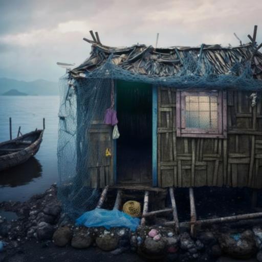 Color photograph of a hut built of discarded nets, floats, and other junk used in fishing, with scratched and damaged doors and windows, Rembrandtian light, sony alfa 7r 50mm f 1.2 --v 4