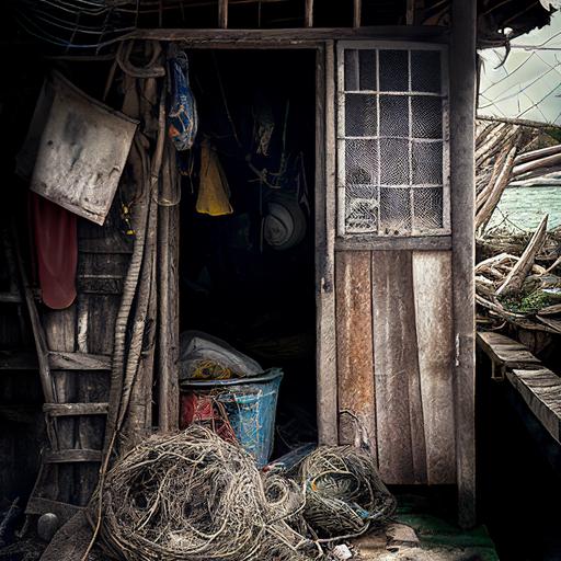 Color photograph of a hut built of discarded nets, floats, and other junk used in fishing, with scratched and damaged doors and windows, Rembrandtian light, sony alfa 7r 50mm f 1.2 --v 4
