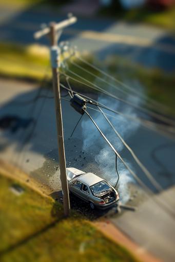 Color photograph of the scene of a car accident from an overhead view, Mercedes Benz crashes head-on into a utility pole on a country road, hood wrecked, smoke billowing, shallow depth of field as if shot with a macro lens, miniature style --ar 2:3 --s 50 --v 6.0 --style raw