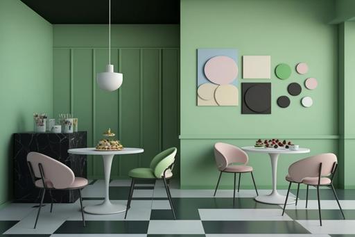 Colored collage, candy shop, minimalist interior, green tea walls, white floor, white ceiling, dark gray table, green chairs --ar 3:2