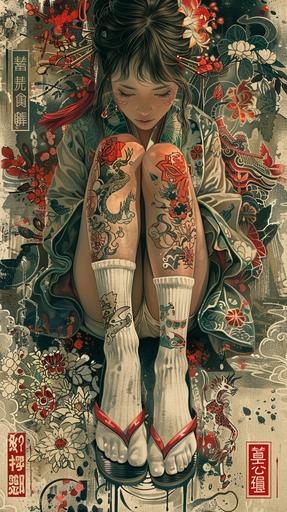 Colorful Japanese retro poster, a young 18-year-old slender pretty girl is stretching his body, print, extraordinary expression, proud, wearing white socks on his feet, covered with traditional Japanese tattoo designs, thin tattoos, strong sense of contrast, mix of avant-garde art Body --ar 9:16 --stylize 750 --v 6.0