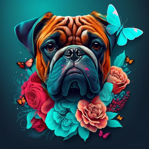 Colorful dog face in beautiful cartoon colors with butterflies and roses on a blue background,8K,HD