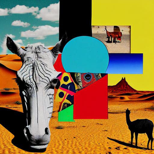 Colorful high contrast surreal collage in the desert with lama, camel, lizard, joker, gigantic eye, gigantic lips, illusion effects of esher stairs. David Hockney and basquiat style. Incident in desert 1910s Alice Dream Dissassociation of similiar twins. Large vertical mirror with parallel universe. contemporary surreal saturated high contrast collage with dissassociation, head of oldman, ace of hearts, cherry, lambargini, beach atributes, sun, moon, big sumoist. documentary photography by James Turrell, burned polaroid, dust grain overlay, red and yellow light, 90s, cassiopeus, LED rainbow laser smoke glow, smoke in room, close focus, out of focus, nostalgia, poetic colors, f1. 8, close focus, 1999, photorealistic, john hughes, very detailed impassive face, film burn, 100mm, cooke lens, cinematic, Yashica t5, maximum datails, graphit, soft realistic saturation, soft realistic contrast, RGBW, high clarity, yellow large Australian lizard, real life, film photography, Dolby Vision HDR   , intricate details, realistic 3D shapes, dissassociation of lizard, super high detail, natural and perfect proportions, Hyper Realistic and Detailed, Summer Wagner, Extremely intricate and Textured, Hyper Realistic and Detailed, backlight, dissassociation and dynamic Cinematic Lighting, Global Illumination --chaos 100