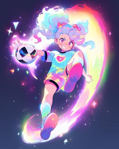 Colorful, hyper detailed character design, centered, kawaii soccer player, character, cartoon, digital art, full body image, lofi aesthetic, nebula themed, rainbow swirling contrating with dark, fantasy outfit --q 5 --ar 4:5 --niji 5