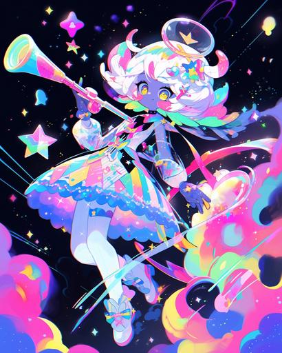 Colorful, hyper detailed character design, centered, kawaii flute player, character, cartoon, digital art, full body image, lofi aesthetic, nebula themed, rainbow swirling contrating with dark, fantasy outfit --q 5 --ar 4:5 --niji 5