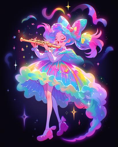Colorful, hyper detailed character design, centered, kawaii trumpet player, character, cartoon, digital art, full body image, lofi aesthetic, nebula themed, rainbow swirling contrating with dark, fantasy outfit --q 5 --ar 4:5 --niji 5