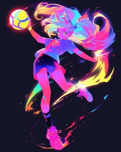 Colorful, hyper detailed character design, centered, kawaii volleyball player, character, cartoon, digital art, full body image, lofi aesthetic, nebula themed, rainbow swirling contrating with dark, fantasy outfit --q 5 --ar 4:5 --niji 5