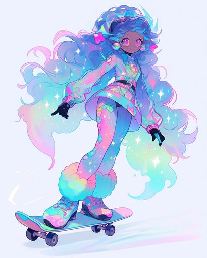 Colorful, hyper detailed character design, centered, kawaii ice skater, character, cartoon, digital art, full body image, lofi aesthetic, nebula themed, rainbow swirling contrating with dark, fantasy outfit --q 5 --ar 4:5 --niji 5