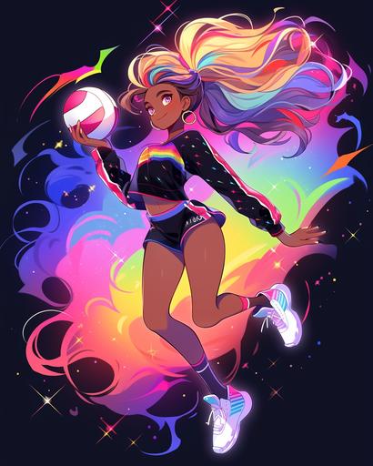 Colorful, hyper detailed character design, centered, kawaii volleyball player, character, cartoon, digital art, full body image, lofi aesthetic, nebula themed, rainbow swirling contrating with dark, fantasy outfit --q 5 --ar 4:5 --niji 5