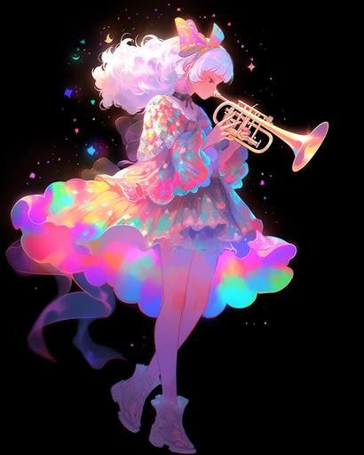 Colorful, hyper detailed character design, centered, kawaii trumpet player, character, cartoon, digital art, full body image, lofi aesthetic, nebula themed, rainbow swirling contrating with dark, fantasy outfit --q 5 --ar 4:5 --niji 5