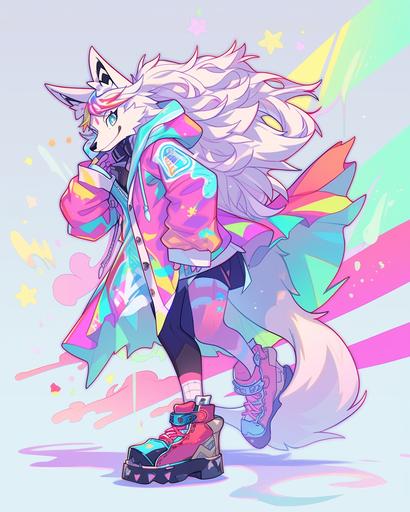 Colorful, hyper detailed character design, centered, kawaii wolf, character, cartoon, digital art, full body image, lofi aesthetic, nebula themed, rainbow swirling contrating with dark, fantasy outfit --q 5 --ar 4:5 --niji 5