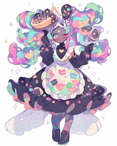 Colorful, hyper detailed character design, centered, kawaii baking pies, character, cartoon, digital art, full body image, lofi aesthetic, nebula themed, rainbow swirling contrating with dark, fantasy outfit --q 5 --ar 4:5 --niji 5